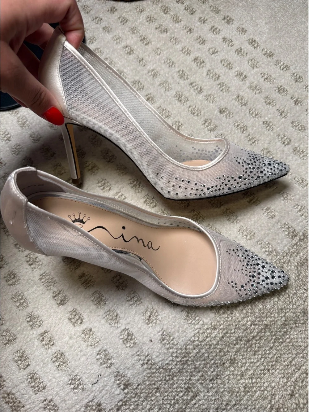 Nina Satin and Mesh Embellished Pointed Toe Heels